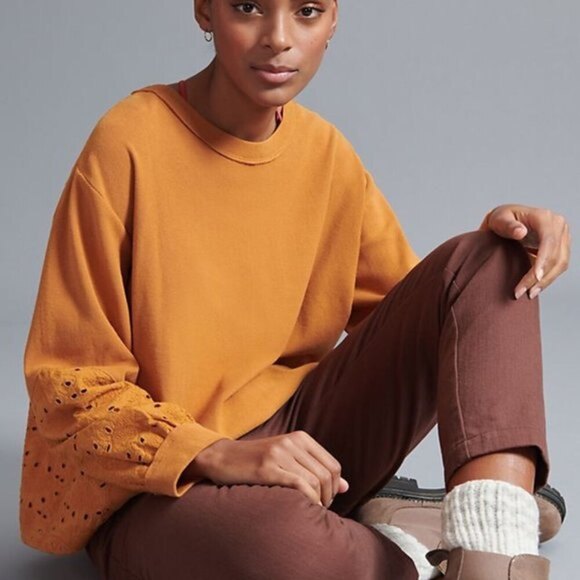 Burnt Orange Anthropologie Pilcro Eyelet Lace Long Sleeve Sweatshirt Tee (NWT) - Picture 3 of 7